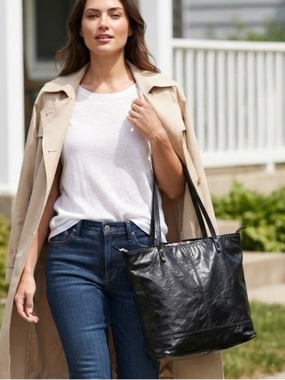 Latico Leathers NJ Black Crinkled Leather Tote Bag 15” Large Everyday Bag
